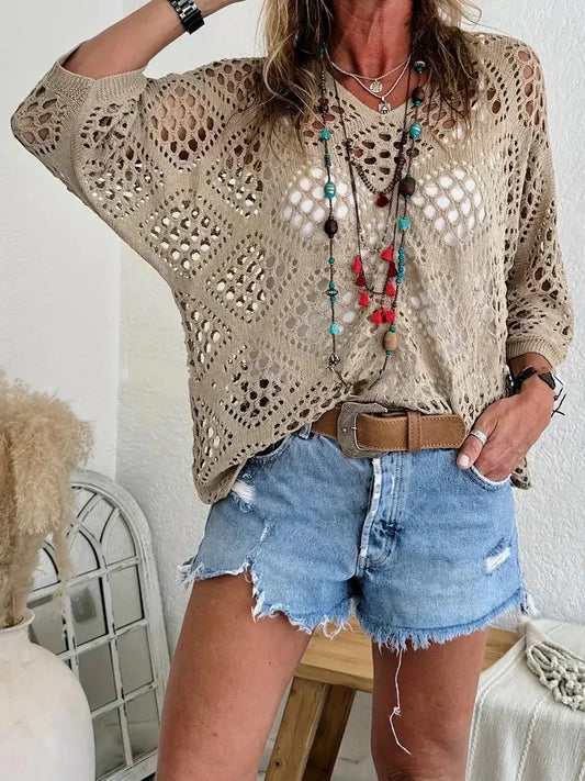 🔥Oferta especial: Blusas de punto estilo boho para mujer con cuello en V y diseño calado.