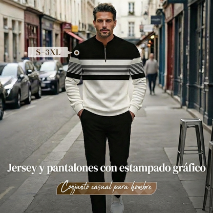 👕 Conjunto Casual de 2 Piezas para Hombre – Sudadera con 1/4 de Cierre, Estampado Gráfico y Corte Relajado, Tallas S-3XL ✨🧑‍🦱