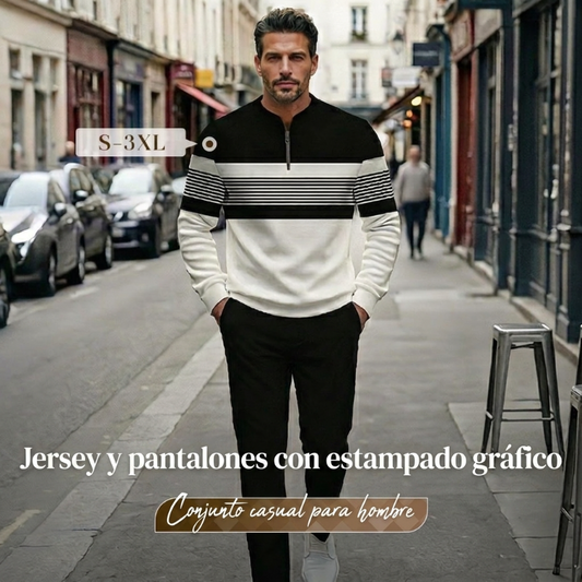 👕 Conjunto Casual de 2 Piezas para Hombre – Sudadera con 1/4 de Cierre, Estampado Gráfico y Corte Relajado, Tallas S-3XL ✨🧑‍🦱