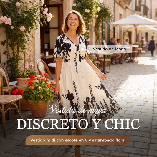 🌺👗 Vestido Midi con Escote V y Estampado Botánico – Moderno y Femenino 💖