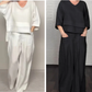 💎 Set de dos piezas de algodón y lino con dobladillo irregular – camiseta de escote en V + pantalones de pierna ancha, transpirable y con estilo 🍂👚 natural