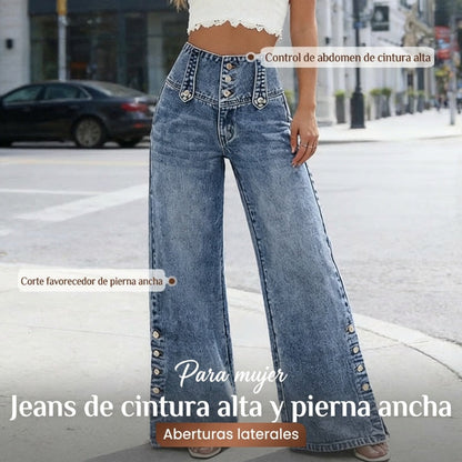 👖 Vaqueros de Cintura Alta y Pierna Ancha para Mujer – Aberturas Laterales, Estilo Moderno y Cómodo ✨🌸