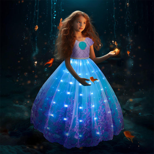 Conjunto de vestido de fiesta luminoso infantil con temática de sirena