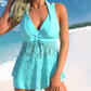Vestido de Baño con Encaje de Escote en V y Shorts para Mujer - Conjunto de Dos Piezas