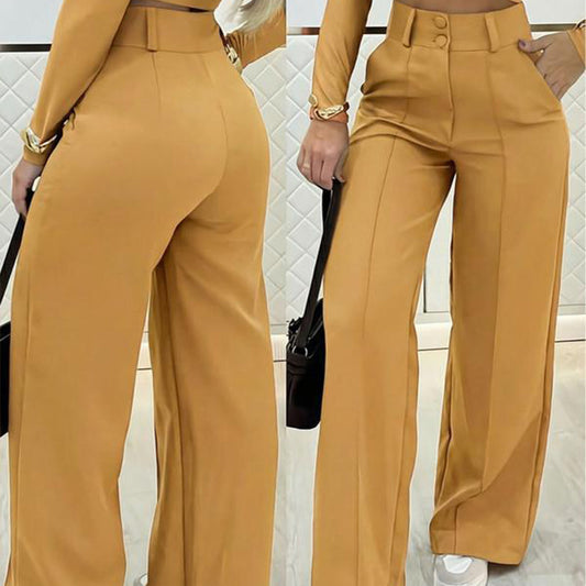 👖✨ Pantalón Tiro Alto Pierna Ancha – Color Sólido, Caída Fluida y Efecto Piernas Infinitas 🦵💫
