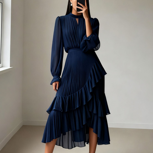 👗 Vestido Midi para Mujer – Escote en Ojal de Cerradura y Detalles de Volantes, Elegante y Femenino ✨🌸