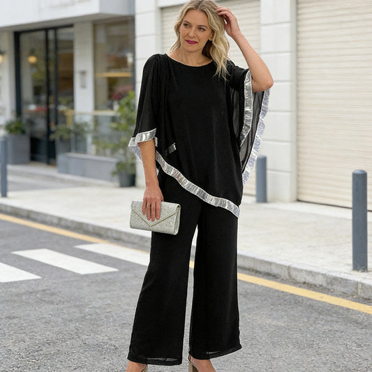 📢📢¡GRAN REBAJA! ⏰Set de top poncho elegante con ribetes de lentejuelas y pantalones anchos