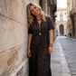 Vestido largo de mujer con cuello en V y estampado de leopardo