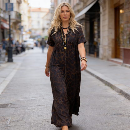 Vestido largo de mujer con cuello en V y estampado de leopardo