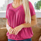 Top casual de manga corta con cuello en V plisado para mujer