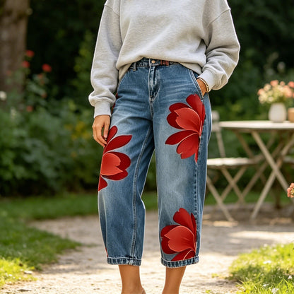 Jeans de Pierna Ancha con Flores Artísticas para Mujer