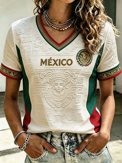 Camiseta estampada con diseño artístico para amantes del fútbol mexicano, para mujer