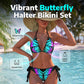 Conjunto de bikini con cuello halter y estampado de mariposas – Estampado neón, ajustable y favorecedor.