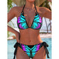 Conjunto de bikini con cuello halter y estampado de mariposas – Estampado neón, ajustable y favorecedor.