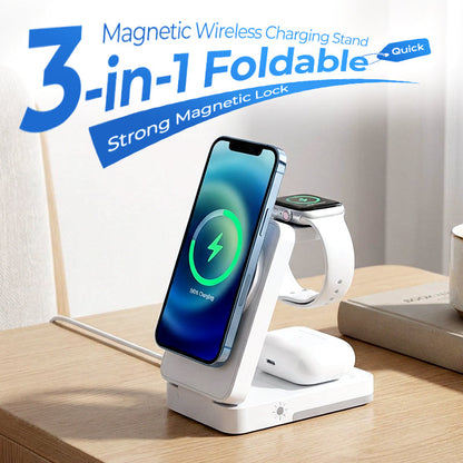 📱⌚🎧 Soporte Magnético Plegable 3 en 1 – Carga iPhone, Apple Watch y AirPods al Mismo Tiempo sin Cables 🔋✨