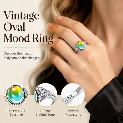 Anillo de Humor Vintage Ovalado con Cambio de Color por Temperatura y Detalles de Corazón