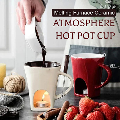 Taza de cerámica para fondue de chocolate y queso · 200 ml · Con tenedor