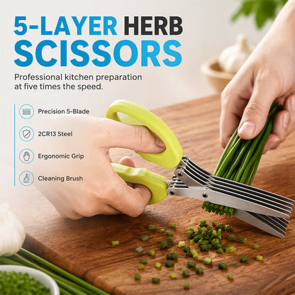 ⏳ ¡50% DE DESCUENTO! ✂️ Tijeras para hierbas de 5 hojas – Cortador de hierbas de cocina multicapa | Pica rápidamente cebollino, perejil, cebollas tiernas y hierbas frescas | Rápido, fácil y sin ensuciar