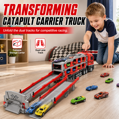 ⏳ OFERTA ESPECIAL POR TIEMPO LIMITADO ⏰ Camión de juguete transformable para niños: pista de carreras plegable con catapulta de 207 cm con efectos de sonido, lanzador con botón y mini vehículos de construcción de aleación. Fabricado en ABS resistente,