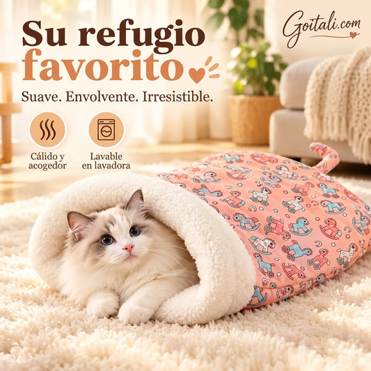 🐱 Cama de sacco suave para gatos y perros pequeños | Interior de felpa térmica suave y diseño envolvente de 360° | Bolsillo semicerrado cálido y lavable a máquina 🐾